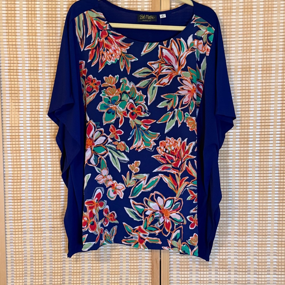 Bob Mackie Wearable Art Womens XL Floral Poncho Top Royal Blue Lagenlook Office